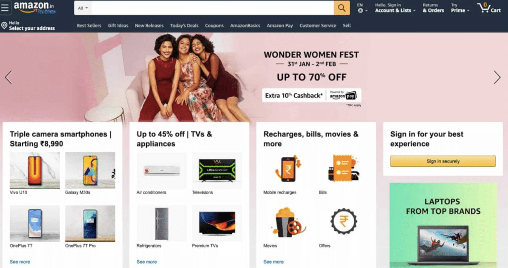 Amazon India homepage with a hierarchical structure